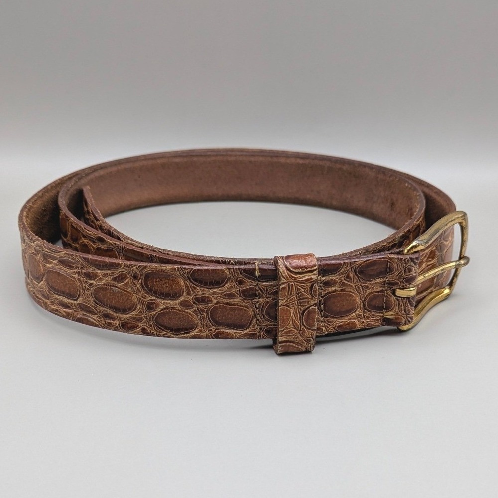 Vintage Swank Mens Brown Saddle Leather Belt Croc-Embossed 1" Wide Sz 44